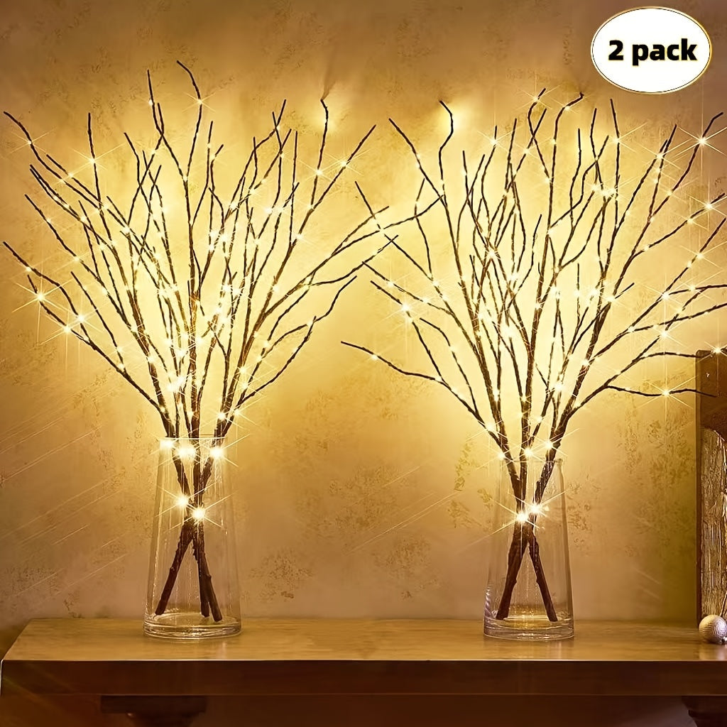 2pcs Set of Artificial Tree Branch LED Lights - Battery-Powered, 20 LEDs per Vase, Vase-Filled Decorative Lights for Home, Romantic Bedside Lamp, Christmas, Halloween, Thanksgiving, Hanukkah, Wedding, Valentine'S Day, Metal & ZENORA