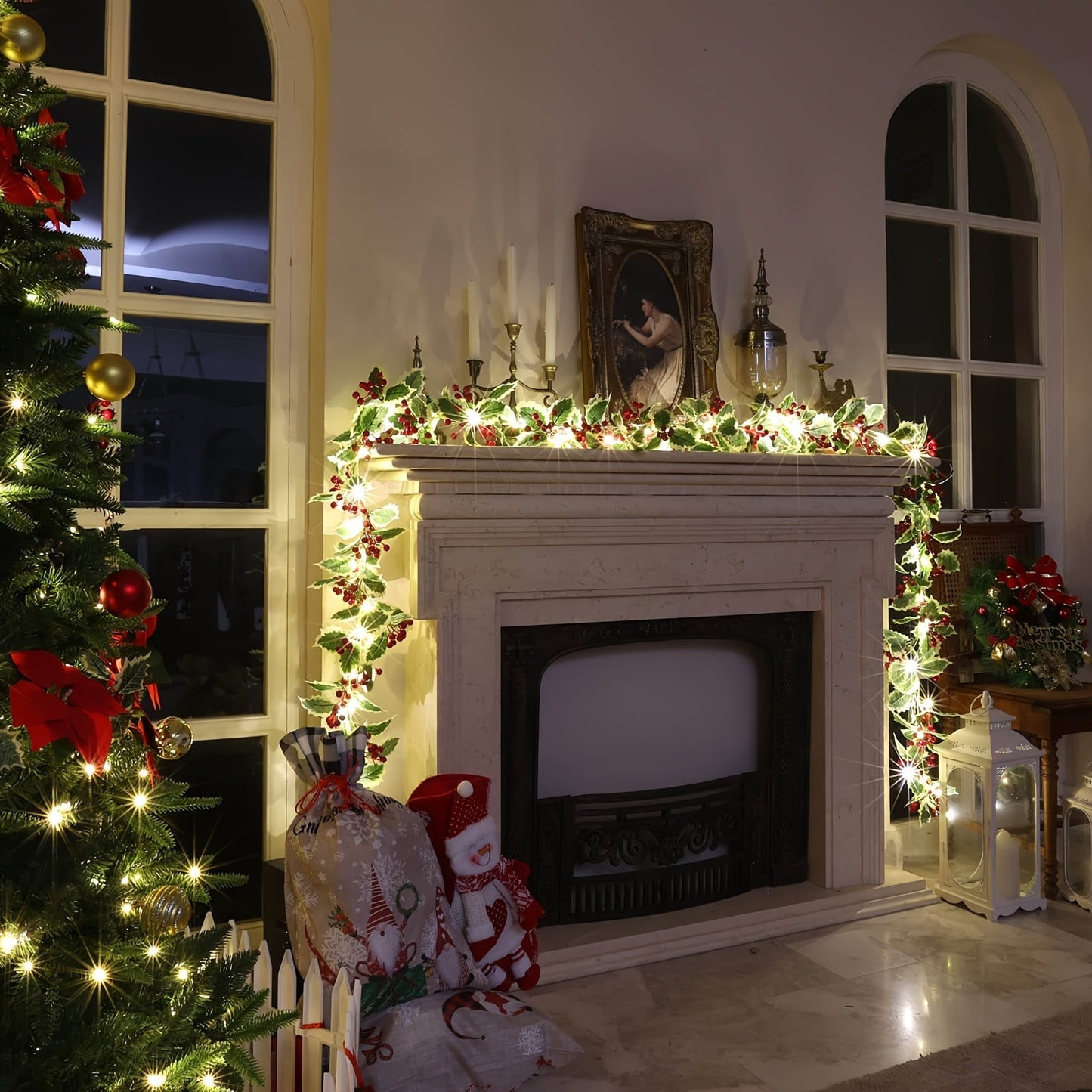 1-Set Festive 30LED Lighted 167.64cm Christmas Garland with Red Berries & Holly Leaves - Battery-Operated, Classic Style for Indoor/Outdoor Decoration - Ideal for Fireplace, Gate, Room - Perfect for Winter & New Year&apos;s C ZENORA