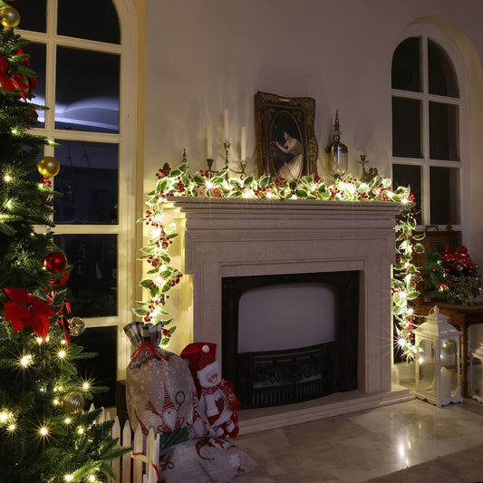 1-Set Festive 30LED Lighted 167.64cm Christmas Garland with Red Berries & Holly Leaves - Battery-Operated, Classic Style for Indoor/Outdoor Decoration - Ideal for Fireplace, Gate, Room - Perfect for Winter & New Year&apos;s C ZENORA