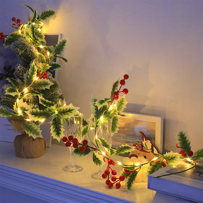 1-Set Festive 30LED Lighted 167.64cm Christmas Garland with Red Berries & Holly Leaves - Battery-Operated, Classic Style for Indoor/Outdoor Decoration - Ideal for Fireplace, Gate, Room - Perfect for Winter & New Year&apos;s C ZENORA