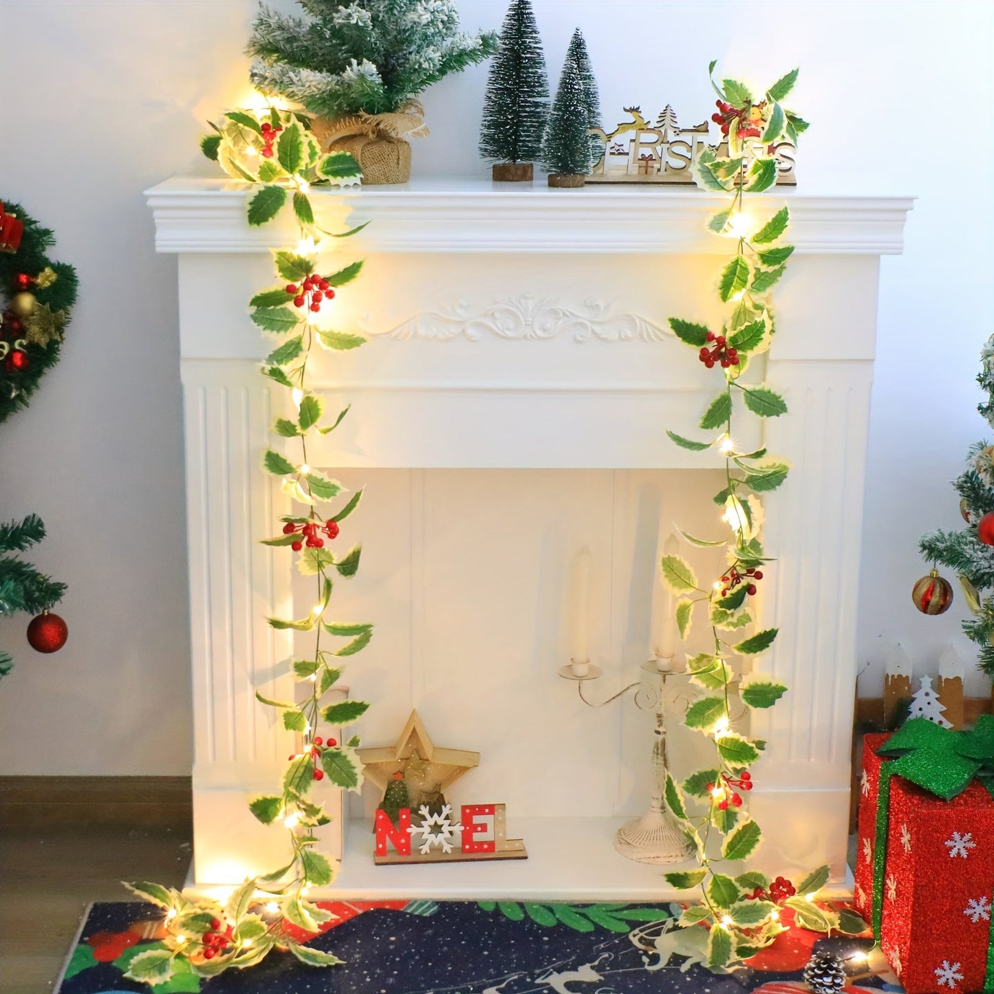 1-Set Festive 30LED Lighted 167.64cm Christmas Garland with Red Berries & Holly Leaves - Battery-Operated, Classic Style for Indoor/Outdoor Decoration - Ideal for Fireplace, Gate, Room - Perfect for Winter & New Year&apos;s C ZENORA