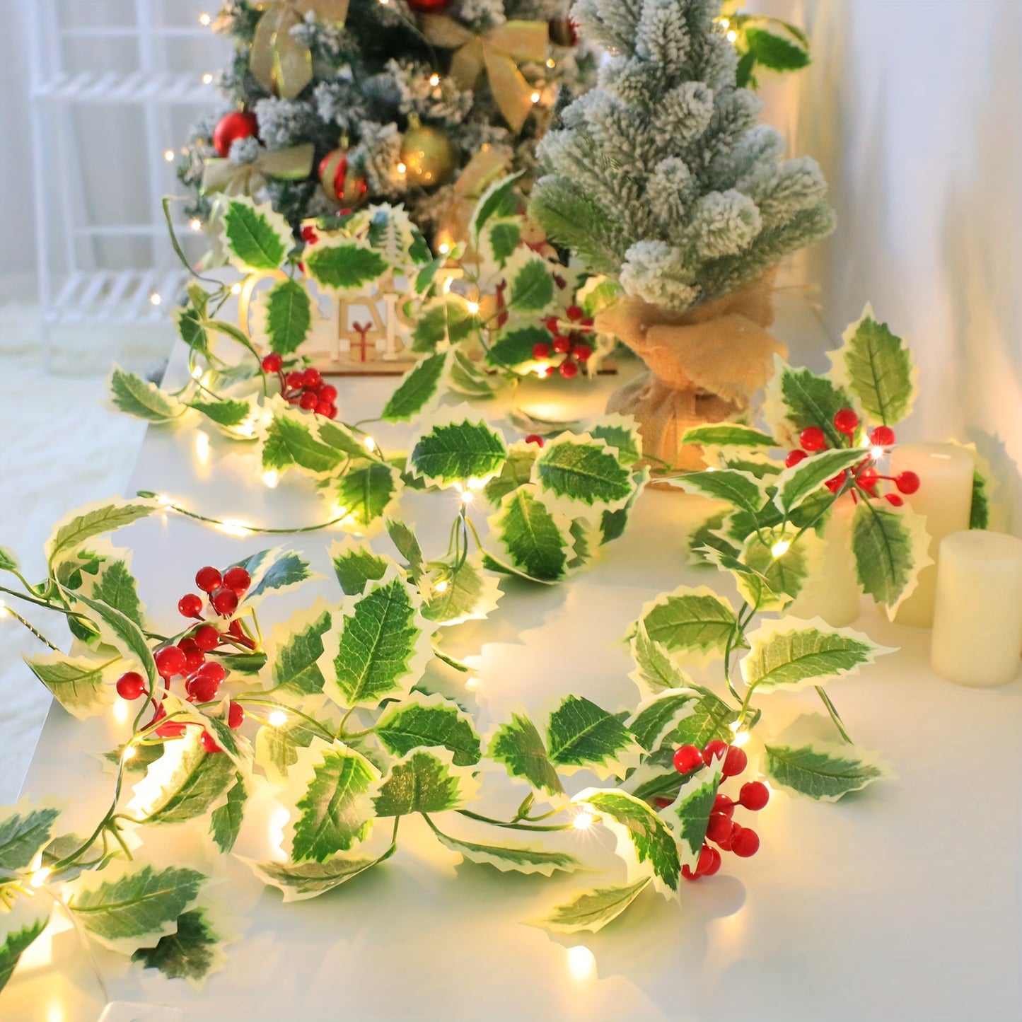 1-Set Festive 30LED Lighted 167.64cm Christmas Garland with Red Berries & Holly Leaves - Battery-Operated, Classic Style for Indoor/Outdoor Decoration - Ideal for Fireplace, Gate, Room - Perfect for Winter & New Year&apos;s C ZENORA