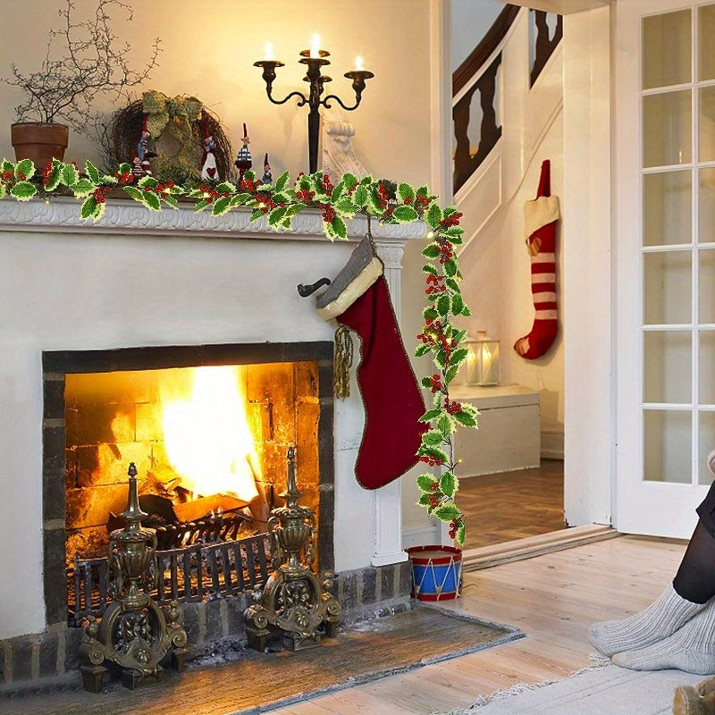 1-Set Festive 30LED Lighted 167.64cm Christmas Garland with Red Berries & Holly Leaves - Battery-Operated, Classic Style for Indoor/Outdoor Decoration - Ideal for Fireplace, Gate, Room - Perfect for Winter & New Year&apos;s C ZENORA