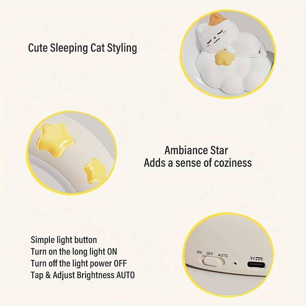1pc Sleeping Cat Night Light, USB Rechargeable Companion Sleeping Lamp, 3 Speed Dimming Table Lamp, 3 Levels of Brightness Adjustment Soft Light, Office Decompression Lamp, Decorative Cute Sleeping Bedside Lamp for Bedroom, L ZENORA
