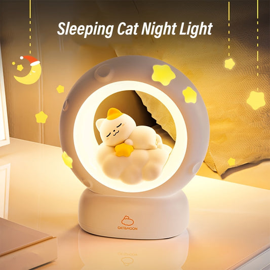 1pc Sleeping Cat Night Light, USB Rechargeable Companion Sleeping Lamp, 3 Speed Dimming Table Lamp, 3 Levels of Brightness Adjustment Soft Light, Office Decompression Lamp, Decorative Cute Sleeping Bedside Lamp for Bedroom, L ZENORA