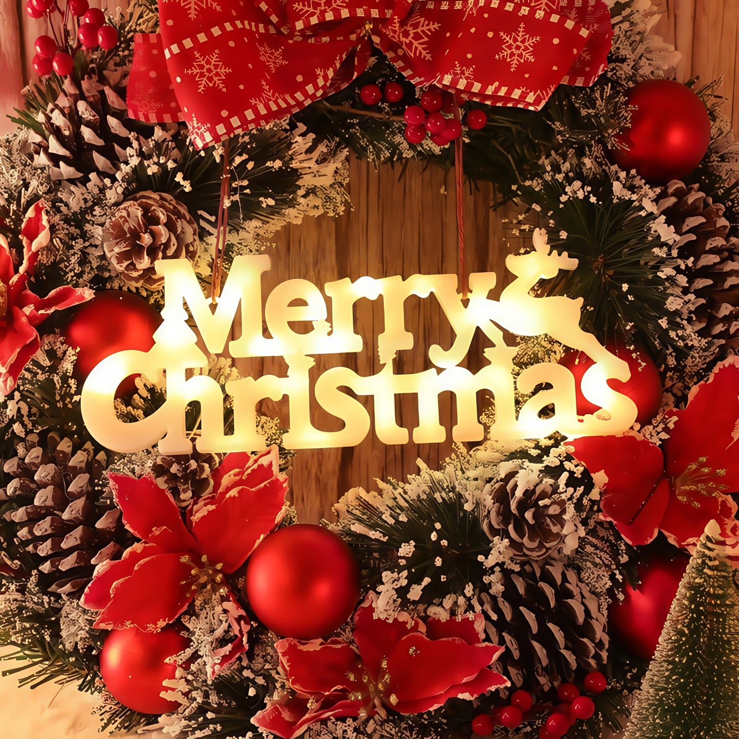 27.48 cm LED Christmas Lighted Garland with Illuminated "Merry Christmas" Letters, Snowflake & Bow Door Hanging Decoration - -in / Holiday Lights (No /Electrician-Free Setup) - Retro Winter Party ZENORA