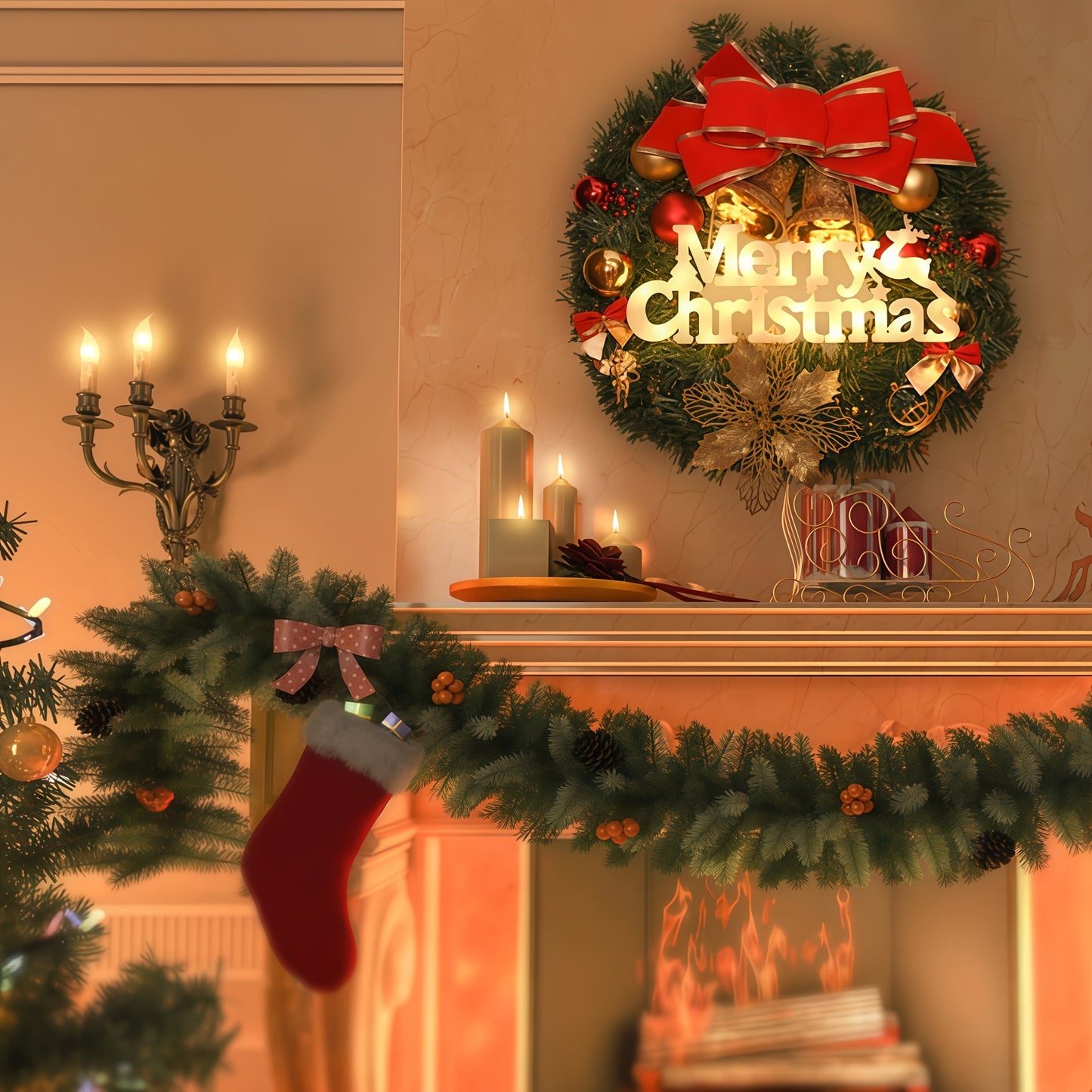 27.48 cm LED Christmas Lighted Garland with Illuminated "Merry Christmas" Letters, Snowflake & Bow Door Hanging Decoration - -in / Holiday Lights (No /Electrician-Free Setup) - Retro Winter Party ZENORA