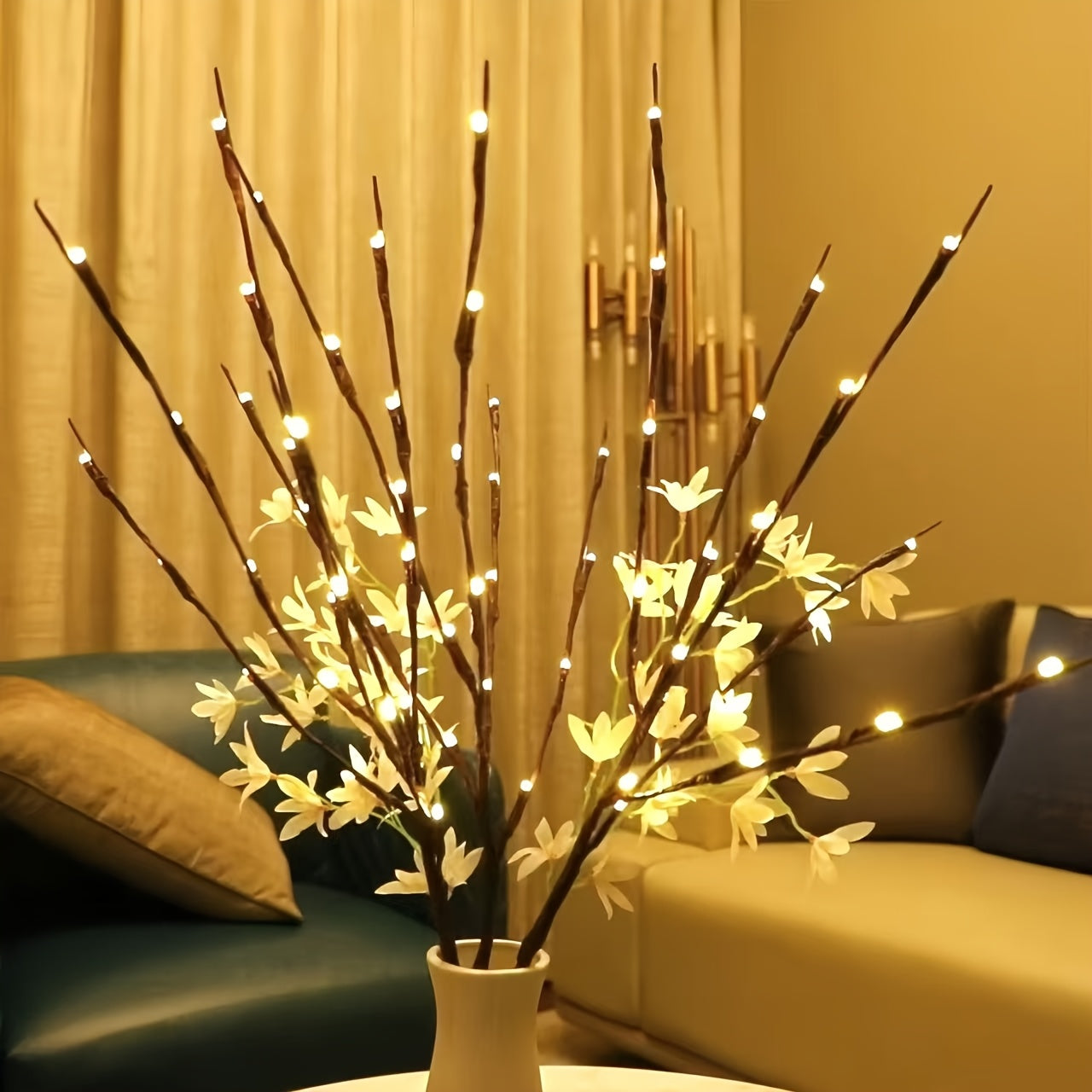 2pcs Set of Artificial Tree Branch LED Lights - Battery-Powered, 20 LEDs per Vase, Vase-Filled Decorative Lights for Home, Romantic Bedside Lamp, Christmas, Halloween, Thanksgiving, Hanukkah, Wedding, Valentine'S Day, Metal & ZENORA