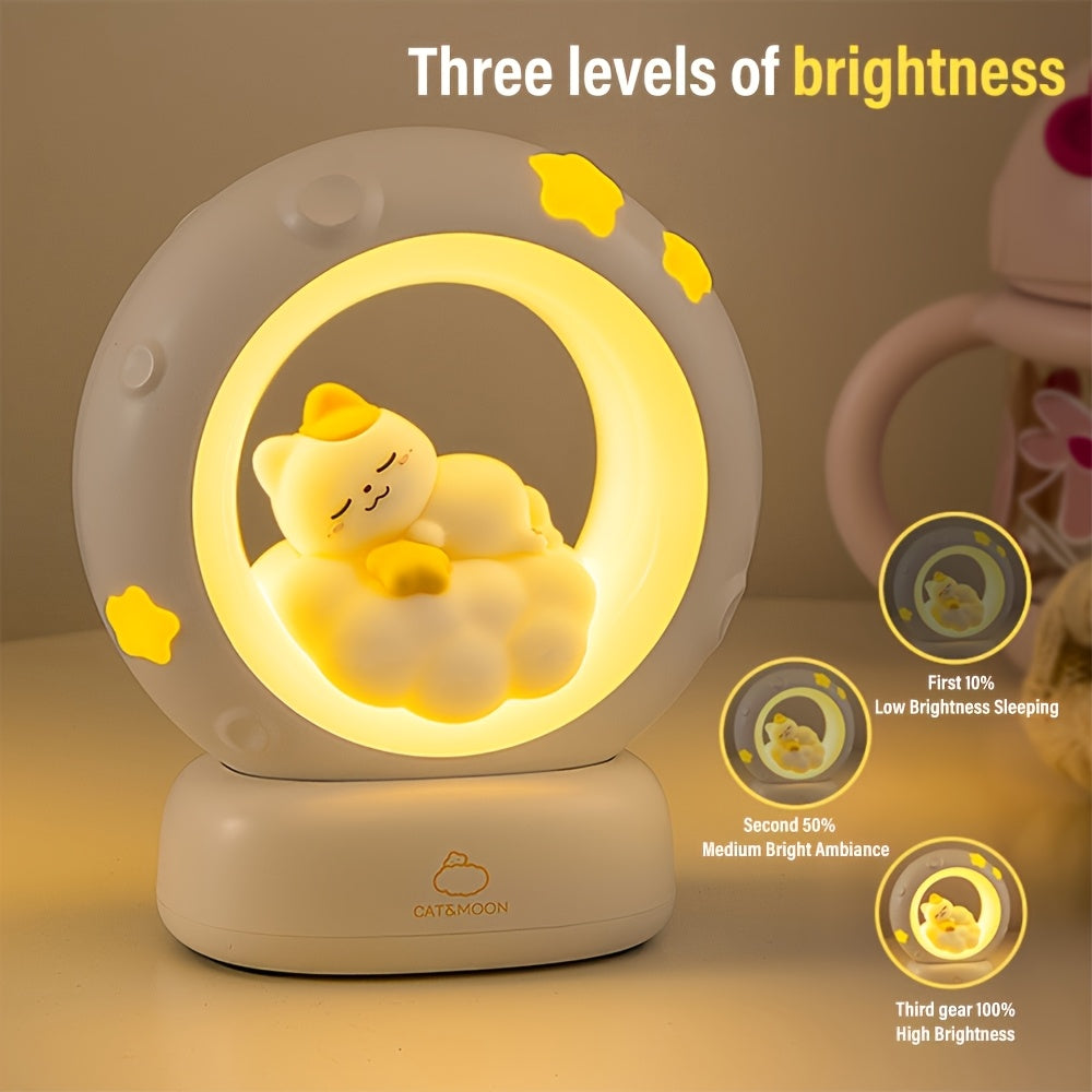1pc Sleeping Cat Night Light, USB Rechargeable Companion Sleeping Lamp, 3 Speed Dimming Table Lamp, 3 Levels of Brightness Adjustment Soft Light, Office Decompression Lamp, Decorative Cute Sleeping Bedside Lamp for Bedroom, L ZENORA